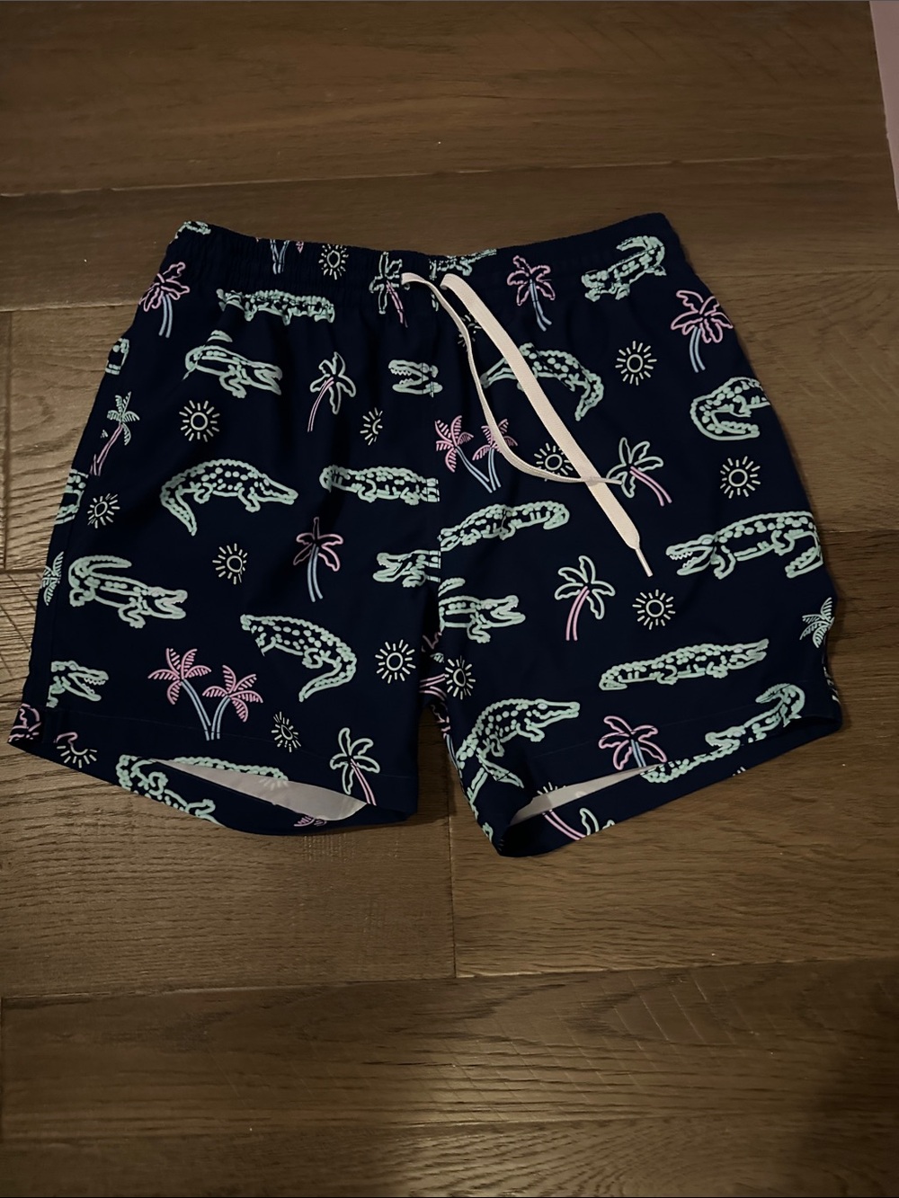 chubbies Navy Swim Trunks with Mint & Pink Alligator and Palm Print
